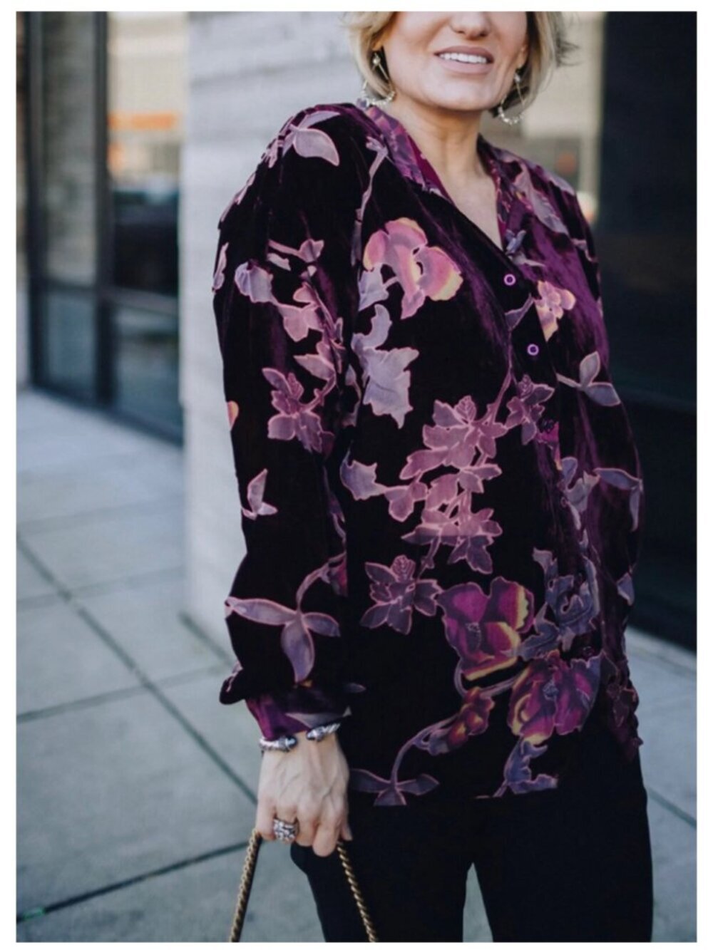 Tribal Floral Velvet Long Sleeve Oversized Pullover Blouse